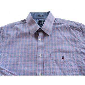 Louis Philippe Mens Cotton Slim Fit Button Up Red White Blue Plaid Shirt 40